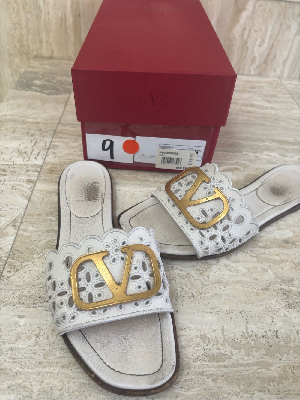 Valentino Garavani white laser-cut leather slide sandals VLogo sz 37 $850 women